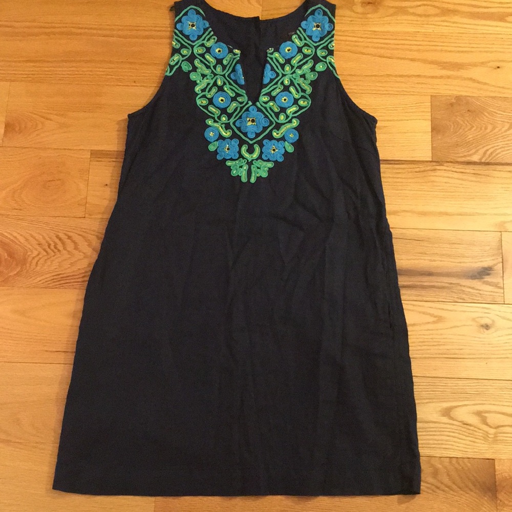J Crew Navy Blue Sleeveless Linen Shift Dress Blue/Green Details Size Small